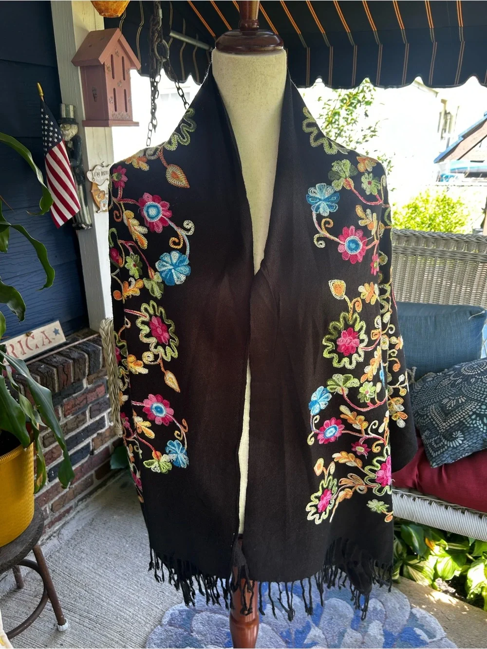Black Embroidered Floral Shawl Scarf